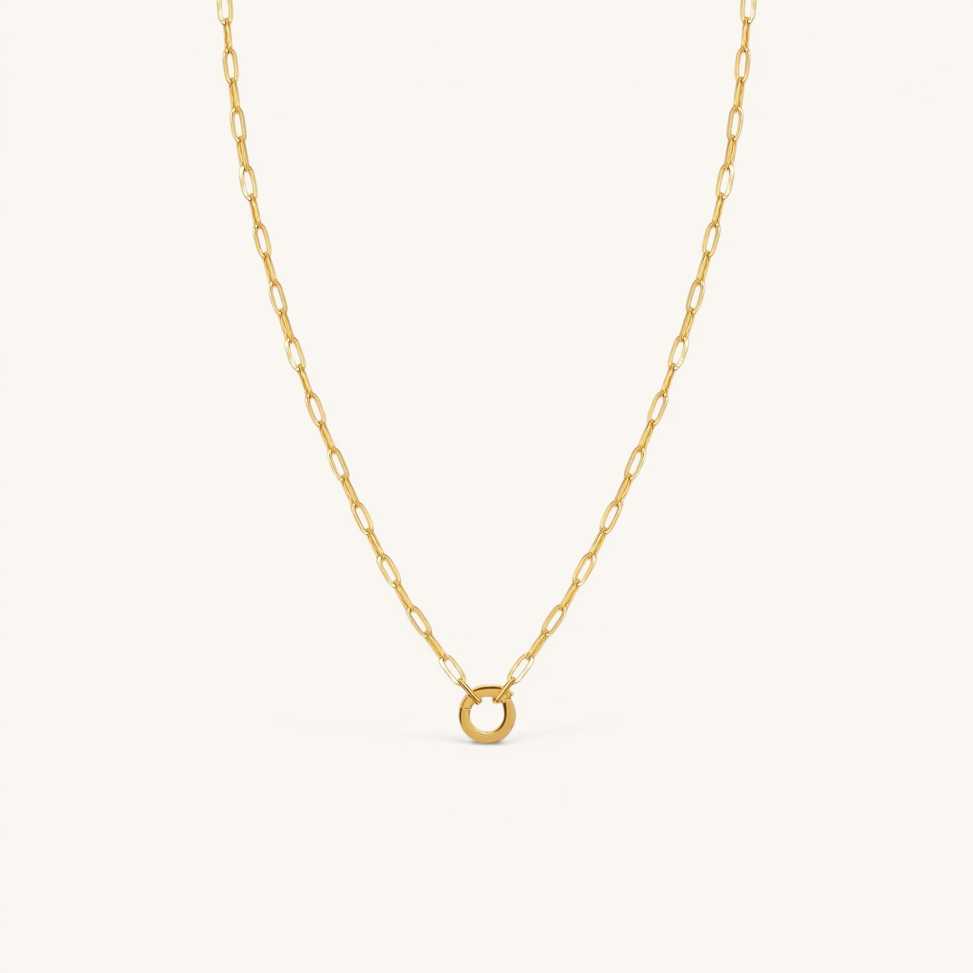 Nadare Co. 14k gold plated small oval switch chain necklace with a circular clasp for charms.