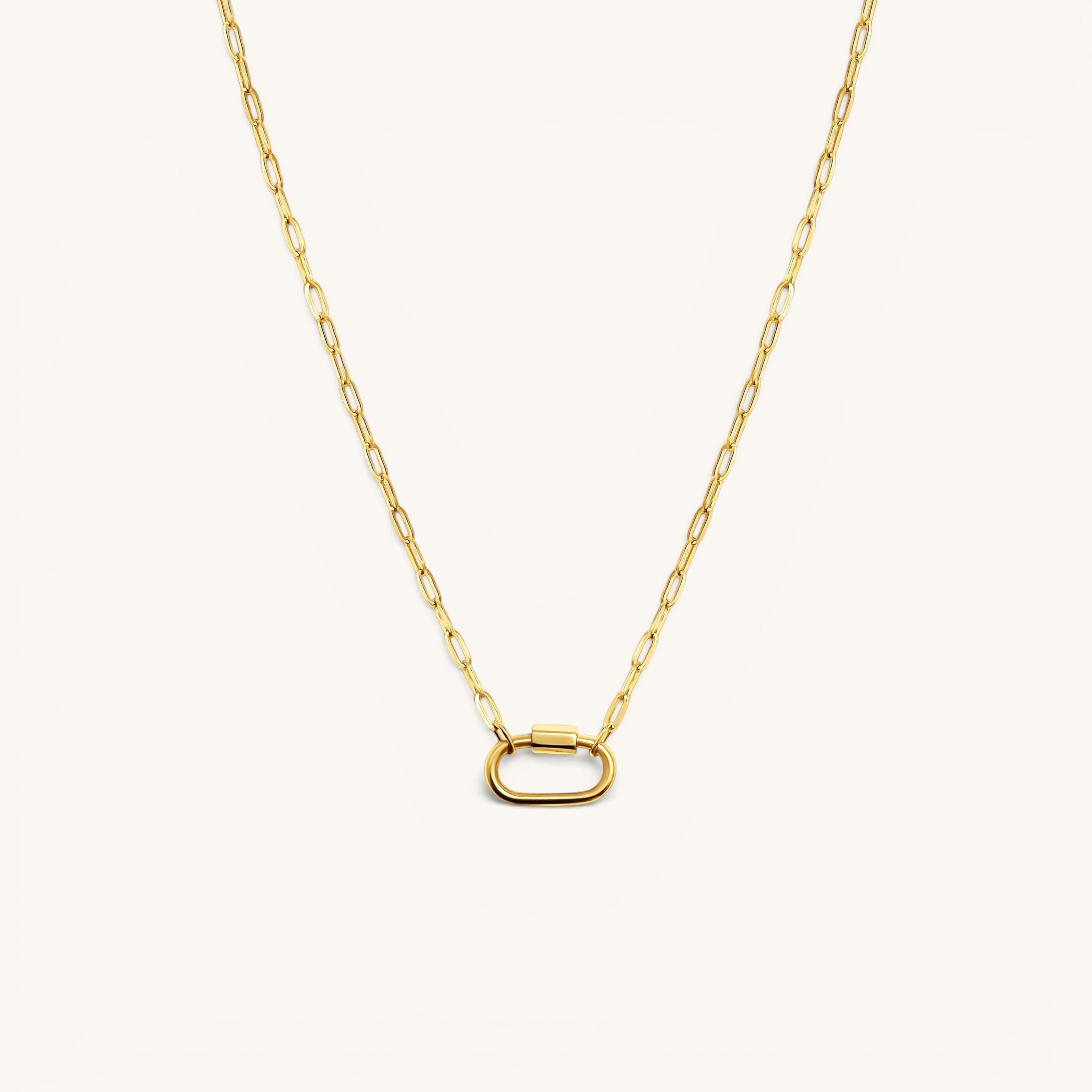 Nadare Co. 14k gold plated stainless steel oval switch chain necklace with a tarnish-resistant charm clasp.