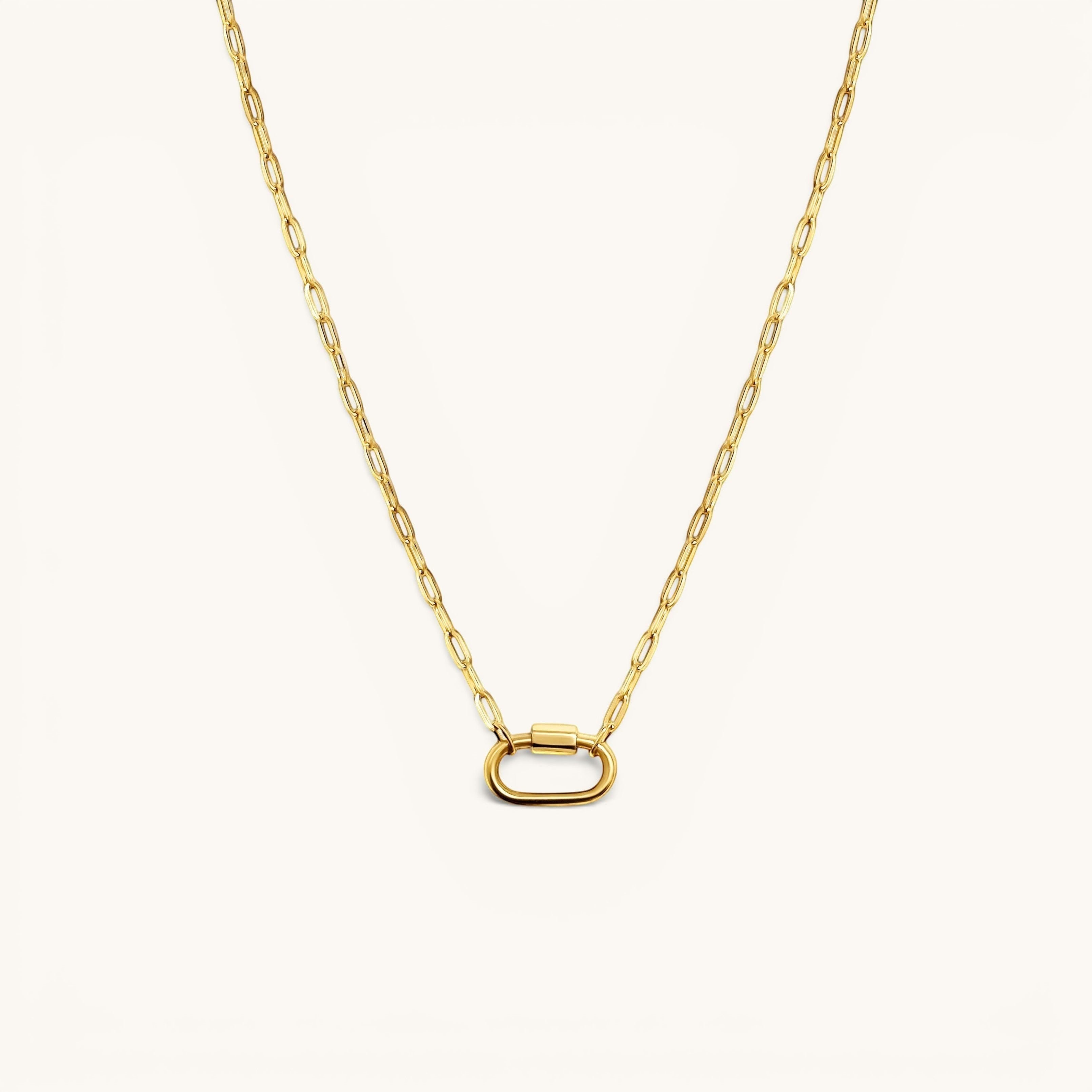 Nadare Co. 14k gold plated stainless steel oval switch chain necklace with a tarnish-resistant charm clasp.