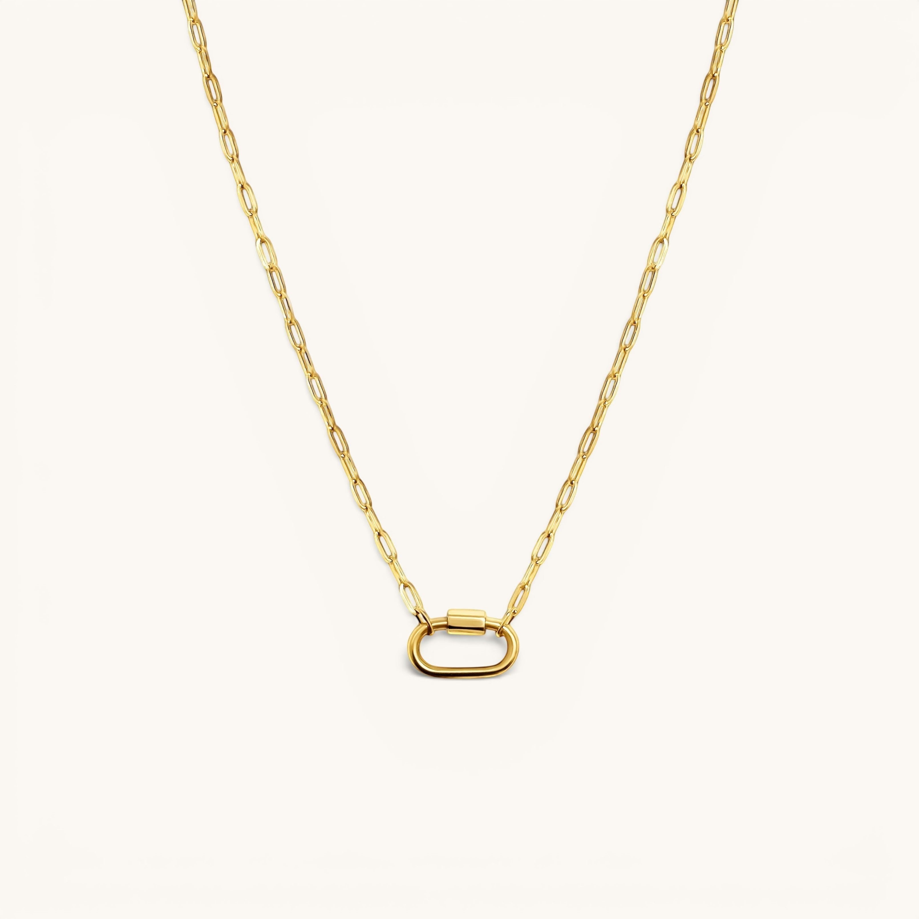 Nadare Co. 14k gold plated stainless steel oval switch chain necklace with a tarnish-resistant charm clasp.