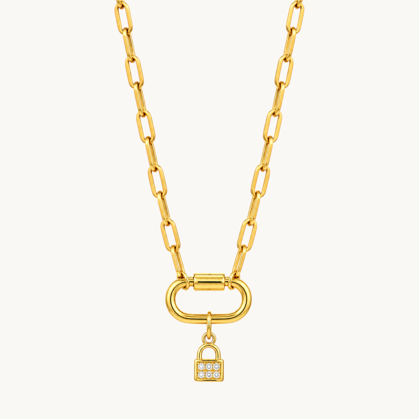 Nadare Co. mini gold padlock charm with cubic zirconia pavé stones on a chunky gold link chain necklace.