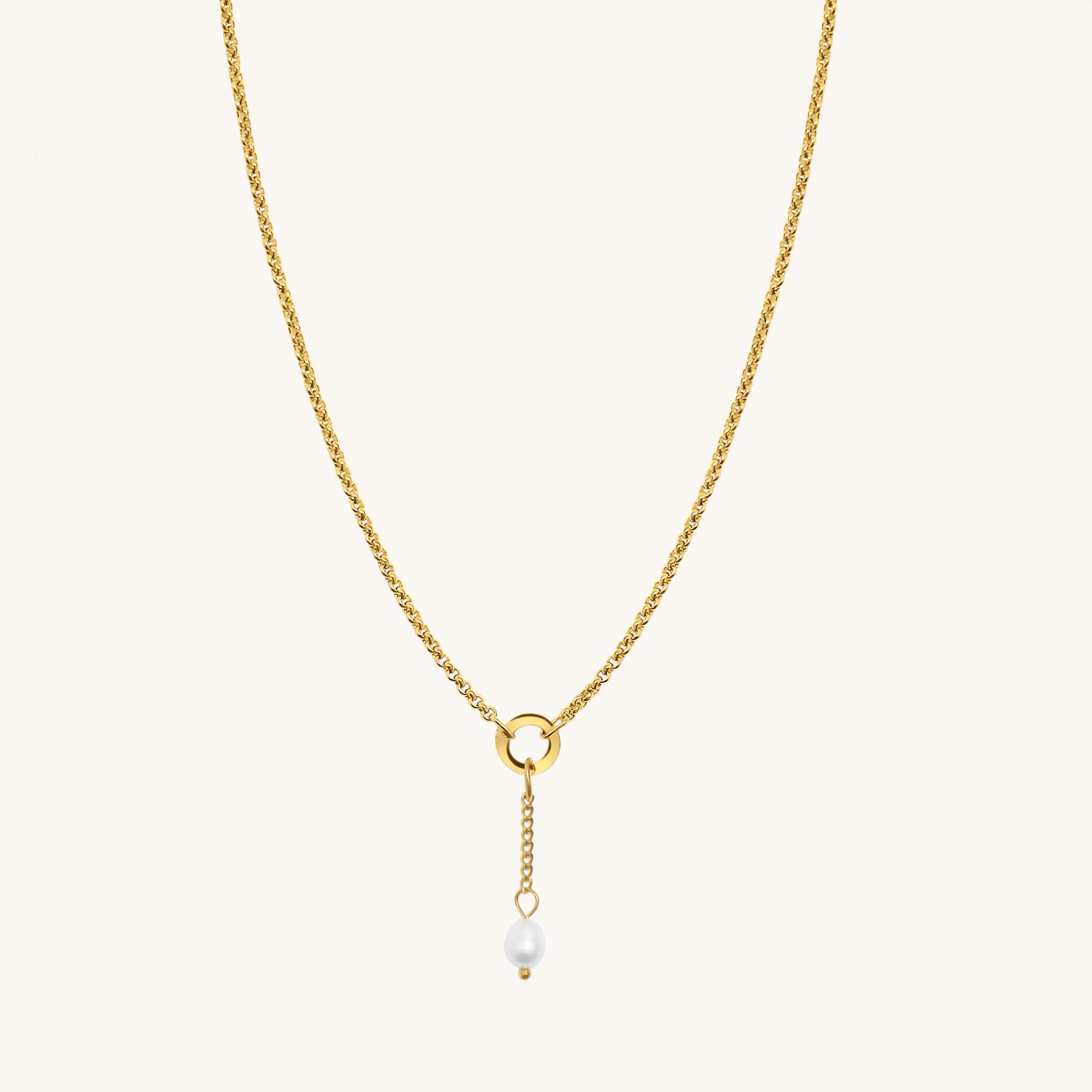 Nadare Co. gold plated stainless steel necklace featuring a delicate 1.5 cm chain with a genuine freshwater pearl charm.