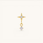 Nadare Co. gold North Star threadless piercing front with a dangling cubic zirconia charm for helix or lobe piercings.