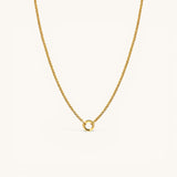 Nadare Co. gold circular switch clasp on a delicate rope chain necklace for holding charms