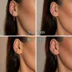 Collage of gold threader earrings worn on an ear with measurements displayed.