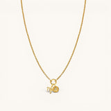 Nadare Co. gold plated stainless steel zodiac charm necklace with cubic zirconia accents on a delicate chain