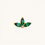 Nadare Co. Ivy threadless piercing front with three marquise-cut emerald green cubic zirconia stones in gold plating.