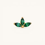 Nadare Co. Ivy threadless piercing front with three marquise-cut emerald green cubic zirconia stones in gold plating.
