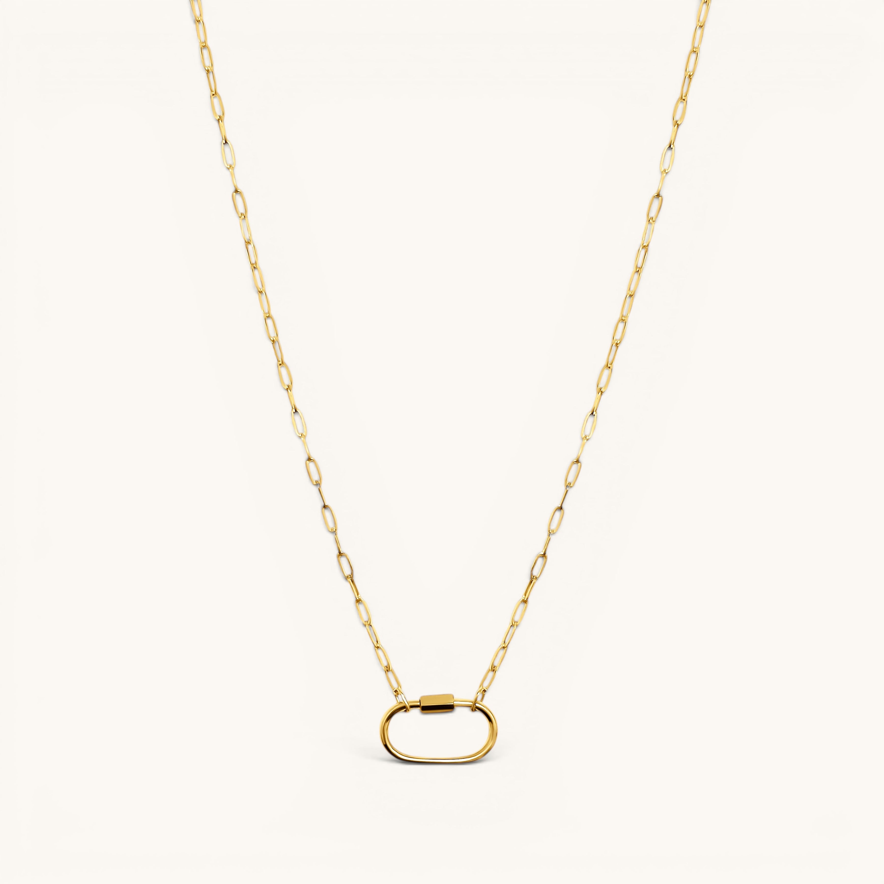 Nadare Co. gold chain necklace featuring a large oval carabiner clasp for customizable charm collection.