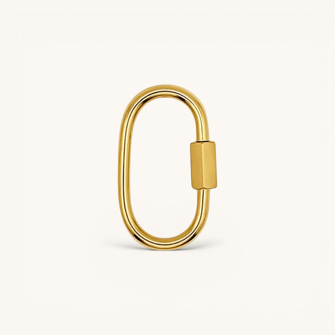 Nadare Co. large gold-tone oval carabiner charm holder for custom charm necklaces with a secure screw clasp.