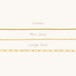 Nadare Co. gold plated chain necklace collection featuring Classic, Mini Oval, and Large Oval link styles.