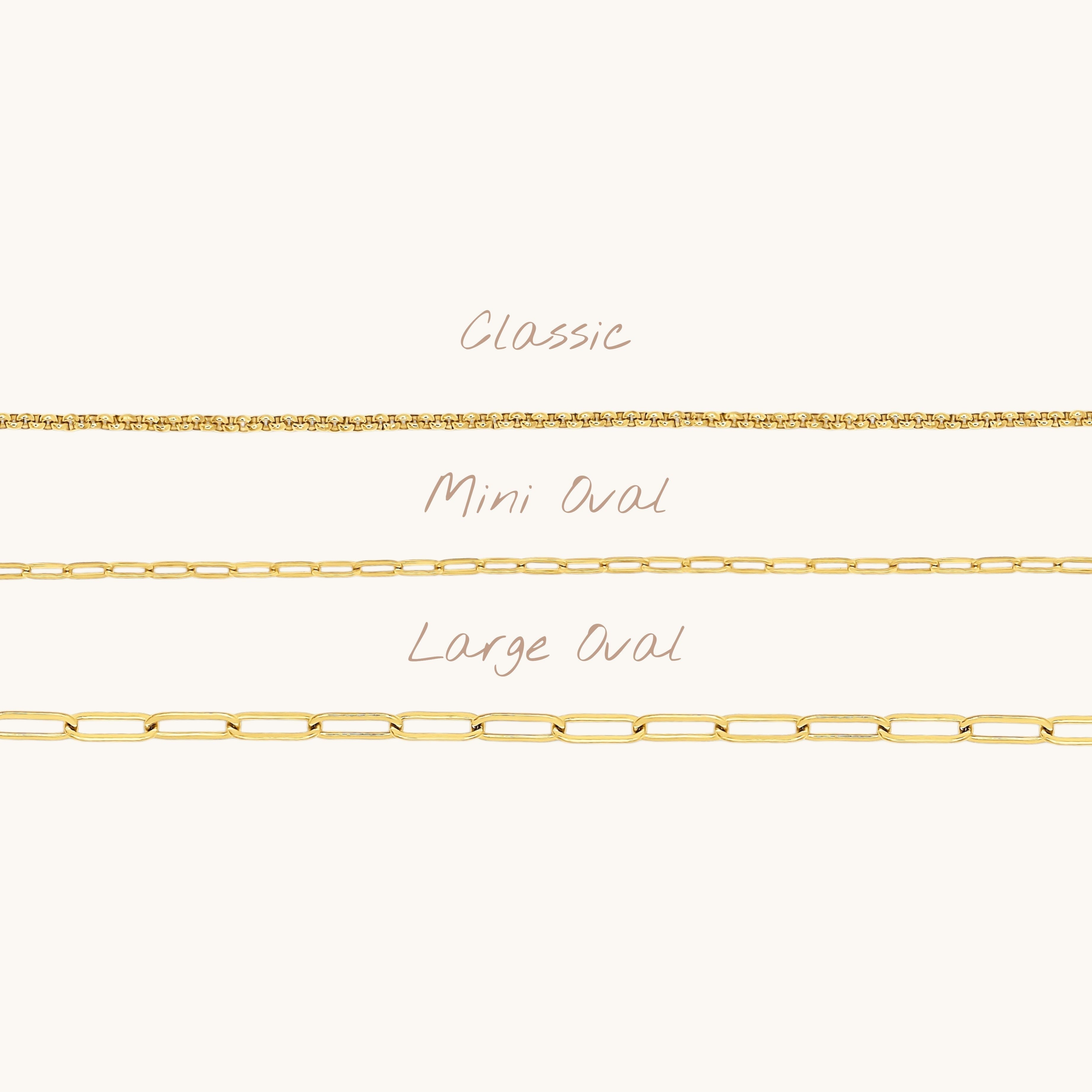 Nadare Co. gold plated chain necklace collection featuring Classic, Mini Oval, and Large Oval link styles.