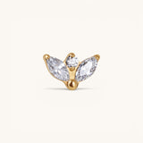 Nadare Co. Laurel threadless piercing front featuring two marquise-cut and one round cubic zirconia in gold setting.