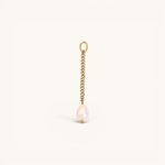 Nadare Co. long pearl drop charm featuring a genuine freshwater pearl on a 14k gold-plated stainless steel chain.