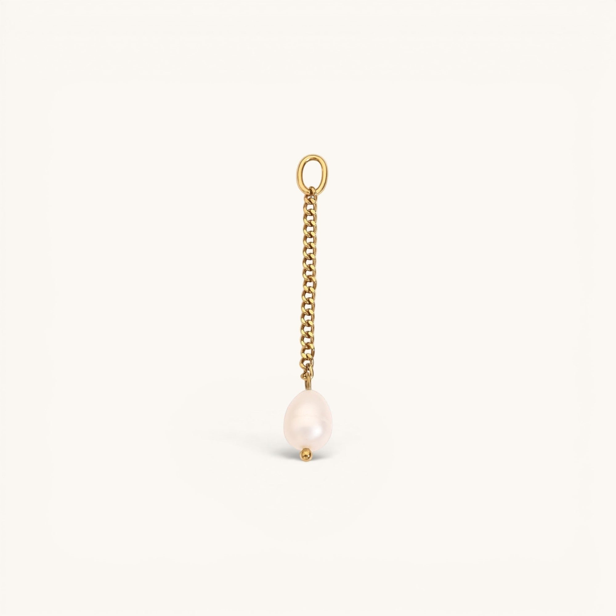 Nadare Co. long pearl drop charm featuring a genuine freshwater pearl on a 14k gold-plated stainless steel chain.