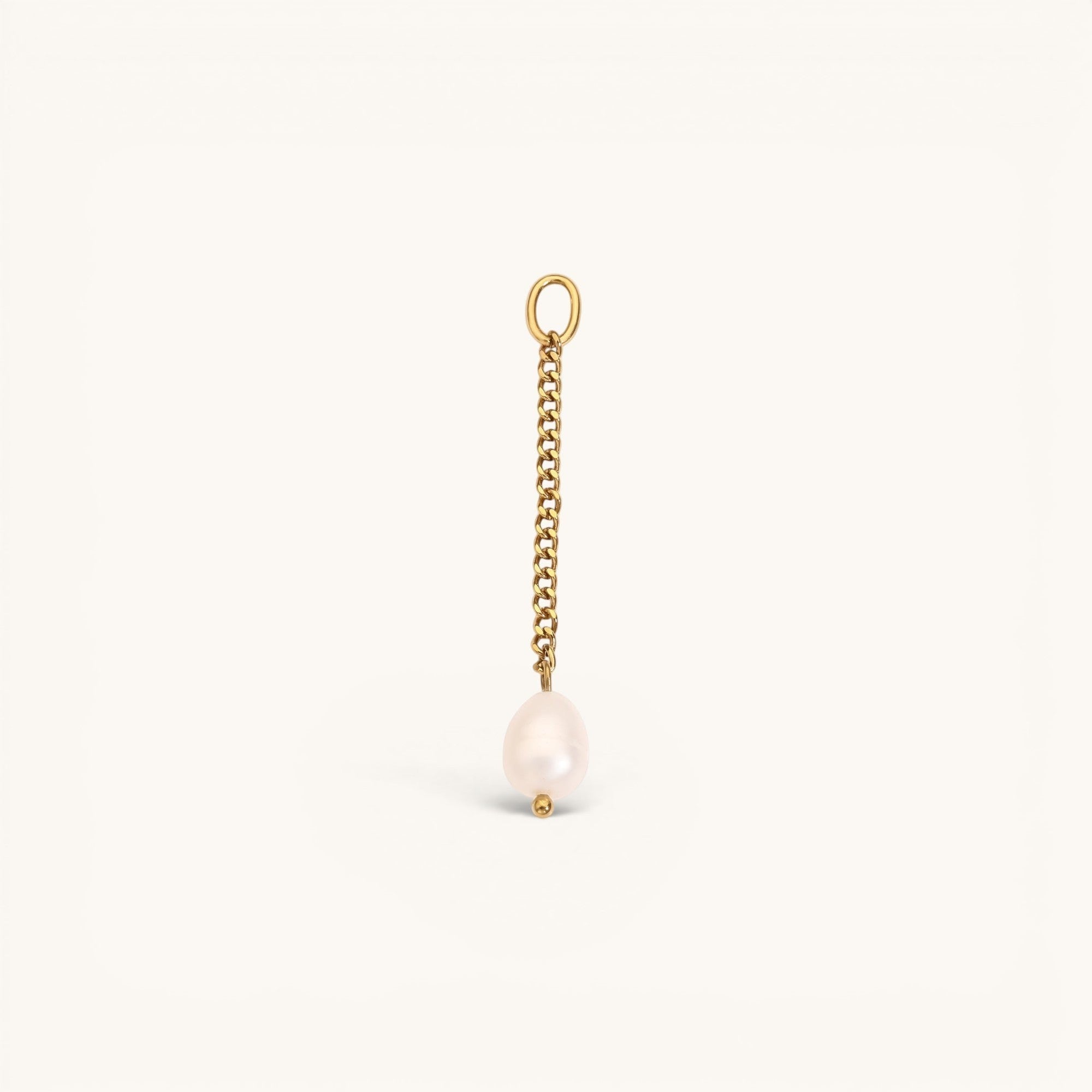 Nadare Co. long pearl drop charm featuring a genuine freshwater pearl on a 14k gold-plated stainless steel chain.