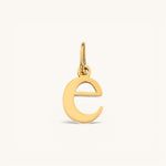 Nadare Co. lowercase letter e charm in 14k gold-plated stainless steel for everyday jewelry layering.