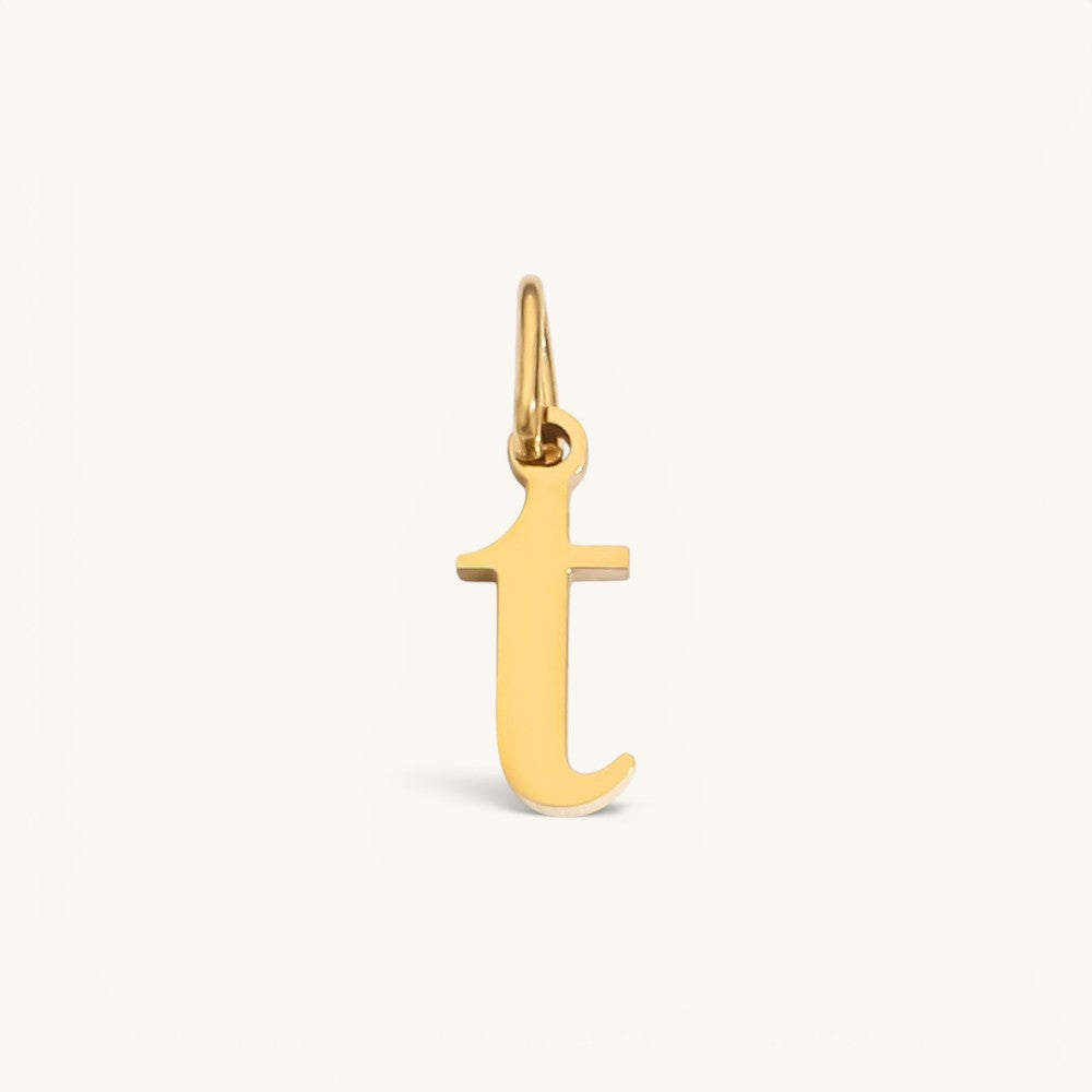 Nadare Co. lowercase letter t charm in 14k gold-plated stainless steel for everyday jewelry layering