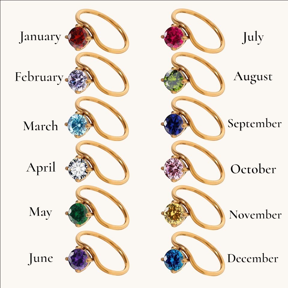 Nadare Co. Lumen Birthstone Ring collection featuring twelve gold rings with unique colorful birthstones for each month.