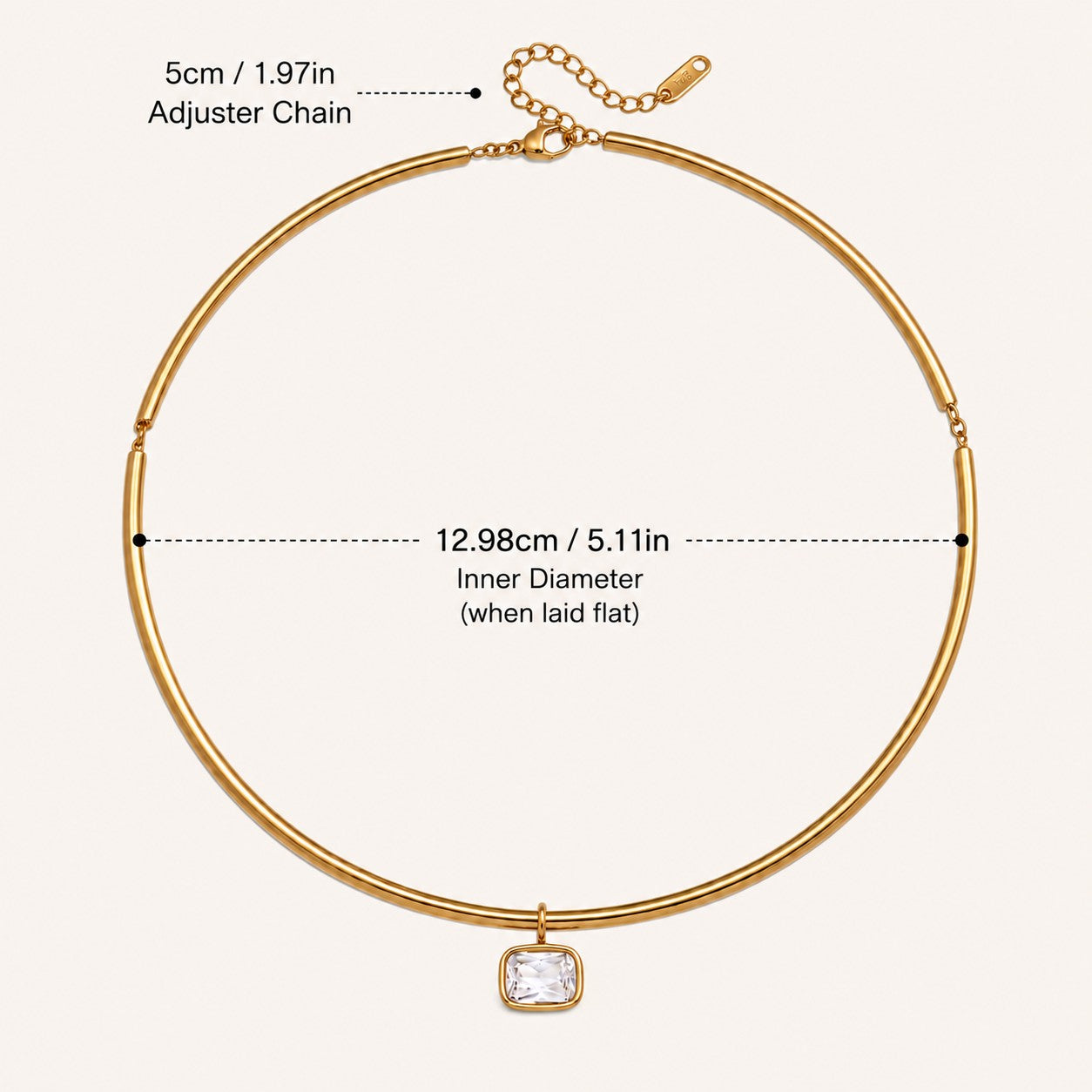 Nadare Co. Margot gold collar necklace with a rectangular bezel-set crystal pendant and adjustable chain