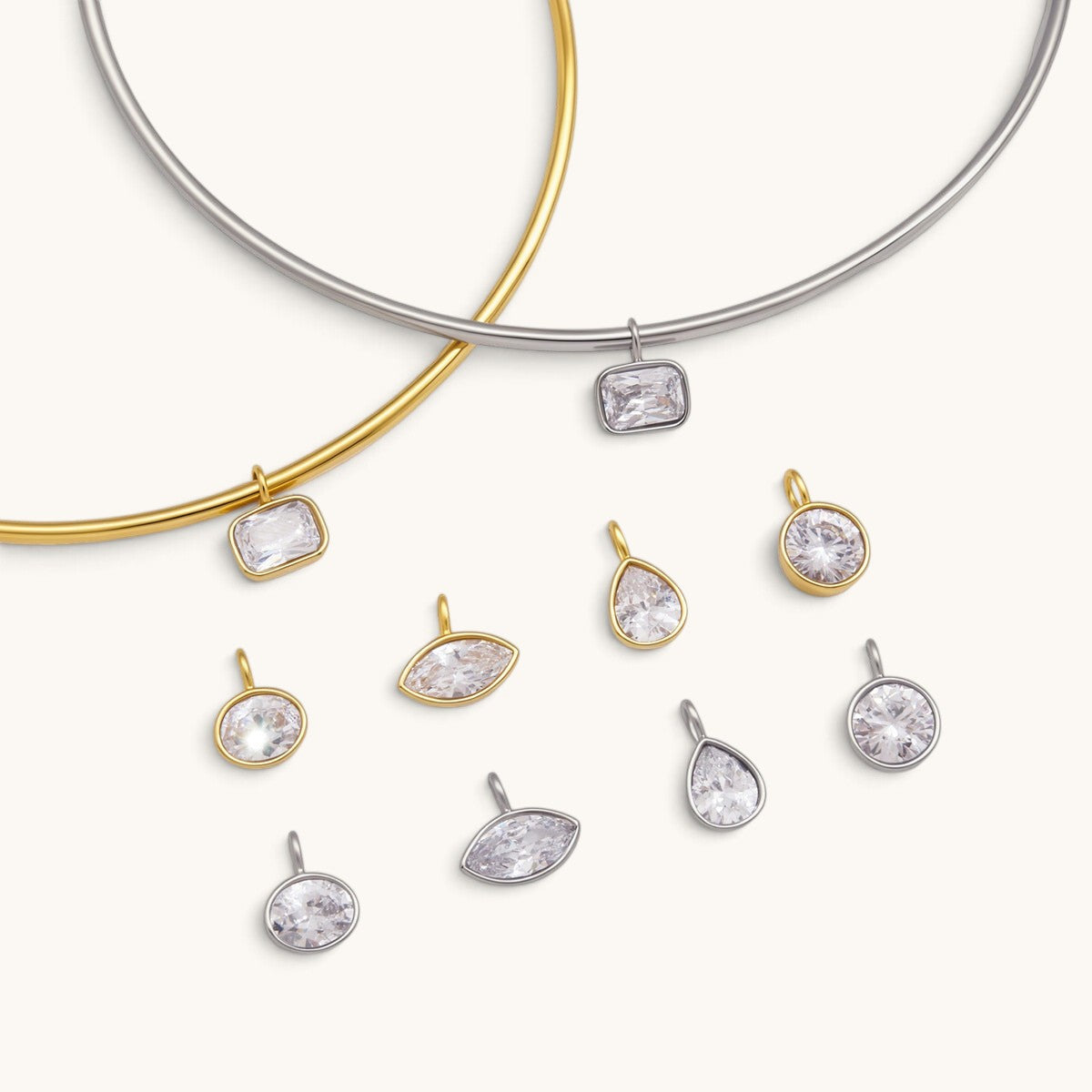 Nadare Co. Margot Necklace collection featuring gold and silver collar chains with various bezel-set crystal charms.