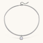 Nadare Co. Margot silver collar necklace with a polished chain and a single sparkling bezel-set round crystal pendant.