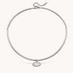 Nadare Co. Margot silver collar necklace with a sleek chain and a sparkling marquise-cut bezel-set crystal pendant.
