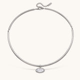 Nadare Co. Margot silver collar necklace with a sleek chain and a sparkling marquise-cut bezel-set crystal pendant.