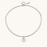Nadare Co. Margot silver collar necklace with a pear-shaped bezel-set crystal pendant on a polished chain