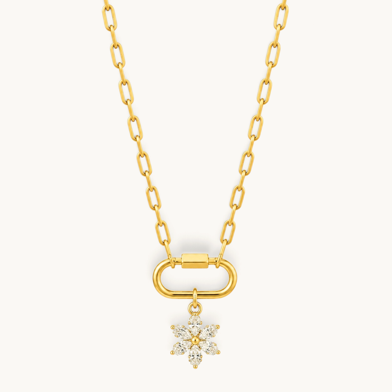 Nadare Co. gold-plated flower charm necklace with marquise-cut cubic zirconia petals on a chunky link chain.