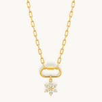 Nadare Co. gold-plated flower charm necklace with marquise-cut cubic zirconia petals on a chunky link chain.