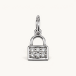 Nadare Co. mini silver-tone padlock charm featuring a grid of sparkling cubic zirconia stones on a white background.