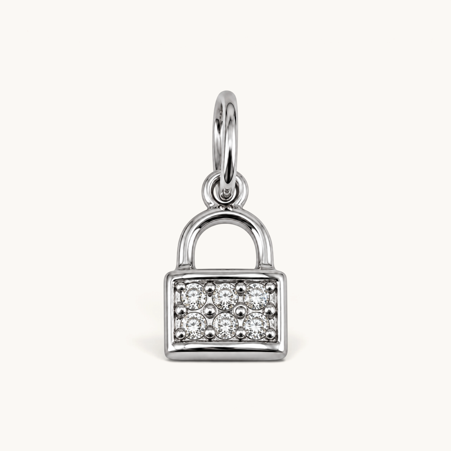 Nadare Co. mini silver-tone padlock charm featuring a grid of sparkling cubic zirconia stones on a white background.