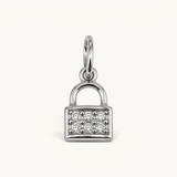 Nadare Co. mini silver-tone padlock charm featuring a grid of sparkling cubic zirconia stones on a white background.