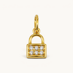 Nadare Co. mini padlock charm in 14k gold plated stainless steel with shimmering cubic zirconia pavé stones.