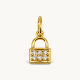 Nadare Co. mini padlock charm in 14k gold plated stainless steel with shimmering cubic zirconia pavé stones.