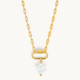 Nadare Co. gold plated stainless steel chain necklace featuring a white mother of pearl clover charm pendant.