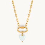 Nadare Co. Mother of Pearl heart charm on a gold-plated stainless steel chain with a carabiner clasp