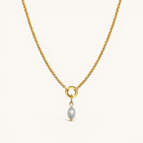 Nadare Co. Pearl Charm necklace featuring an organic freshwater pearl on a 14k gold-plated stainless steel chain.