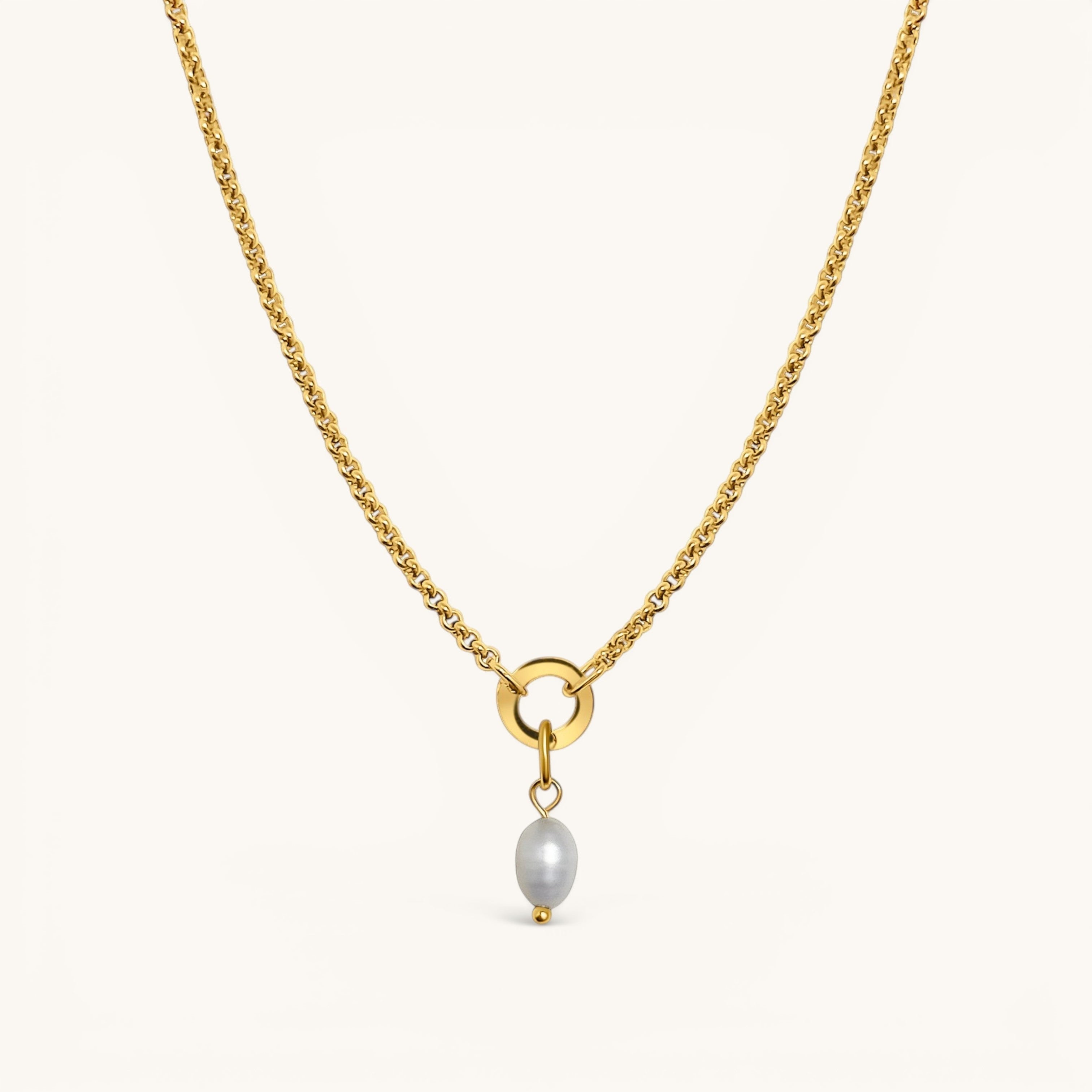 Nadare Co. Pearl Charm necklace featuring an organic freshwater pearl on a 14k gold-plated stainless steel chain.
