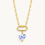 Nadare Co. porcelain heart charm necklace with blue floral pattern and 14k gold plated stainless steel chain