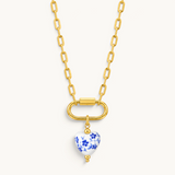Nadare Co. porcelain heart charm necklace with blue floral pattern and 14k gold plated stainless steel chain