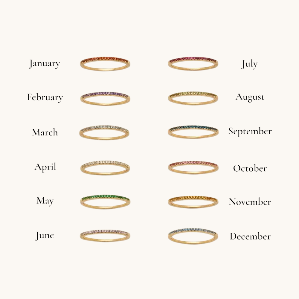 Nadare Co. Prism Birthstone Rings featuring twelve thin gold bands with colorful gemstones for each month of the year.