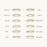 Nadare Co. Prism Birthstone Rings featuring twelve thin gold bands with colorful gemstones for each month of the year.
