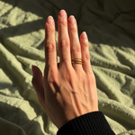 Nadare Co. Prism Birthstone Ring featuring delicate gold bands with embedded stones worn on a hand