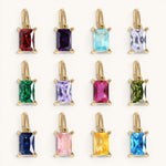 Nadare Co. rectangle birthstone charms in various vibrant colors set in gold, perfect for personalized necklaces.