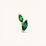 Nadare Co. Sage threadless piercing jewelry with two marquise-cut emerald green cubic zirconia stones in gold plating.