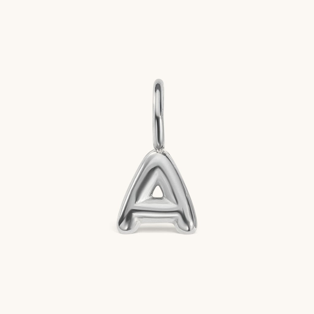 Nadare Co. silver-toned bubble letter A charm with a rounded, puffed design for necklace layering.