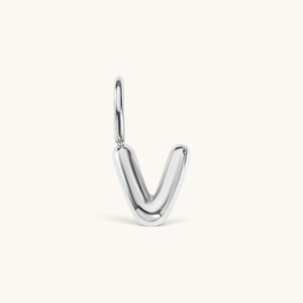 Nadare Co. silver-toned bubble initial charm in the shape of the letter V, featuring a playful puffed design.