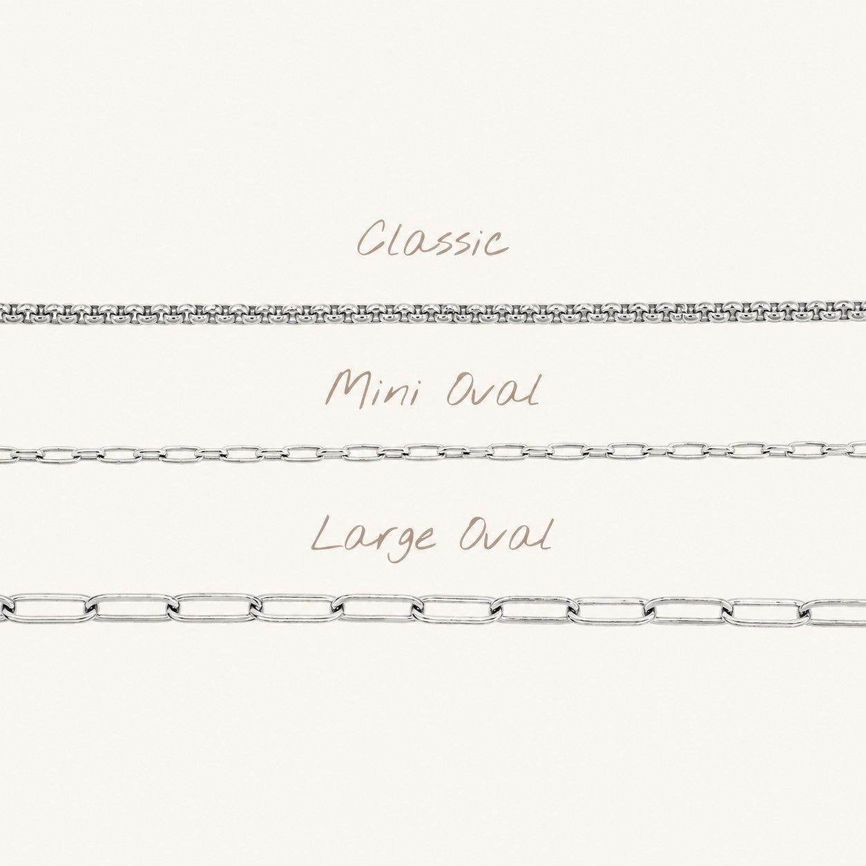 Nadare Co. silver chain collection featuring Classic, Mini Oval, and Large Oval link styles for custom necklaces.